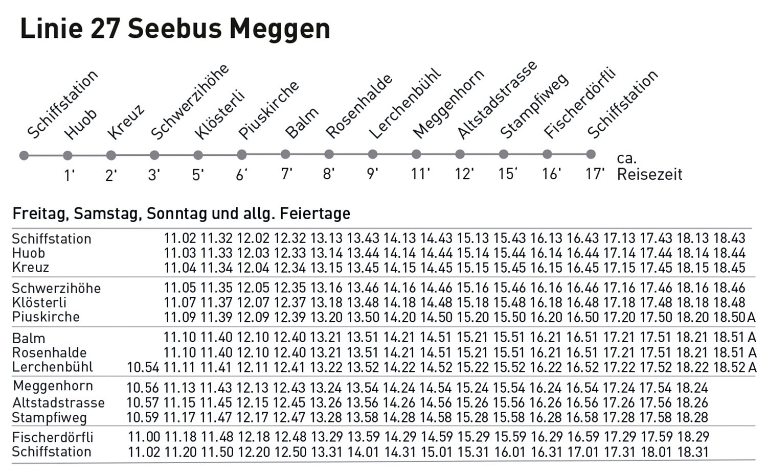 Haltestellen und Fahrplan der Linie 27 Seebus Meggen in der Sommersaison 2024.