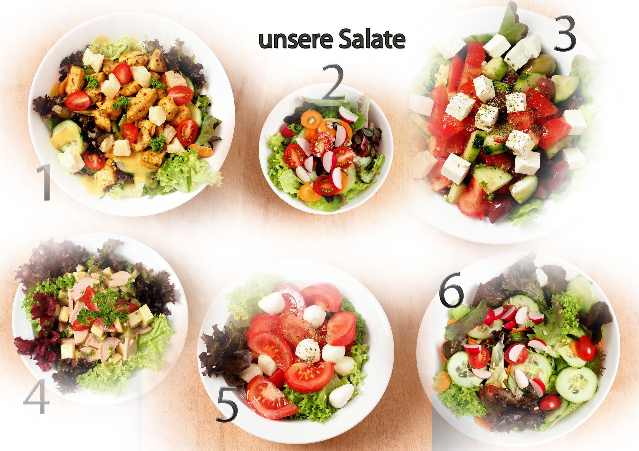 1 Badi-Poulet-Salat. 2 Kleiner grüner Salat. 3. Griechischer Salat. 4 Wurst-Käse-Salat. 5 Tomaten-Mozzarella-Salat. 6 Grosser grüner Salat