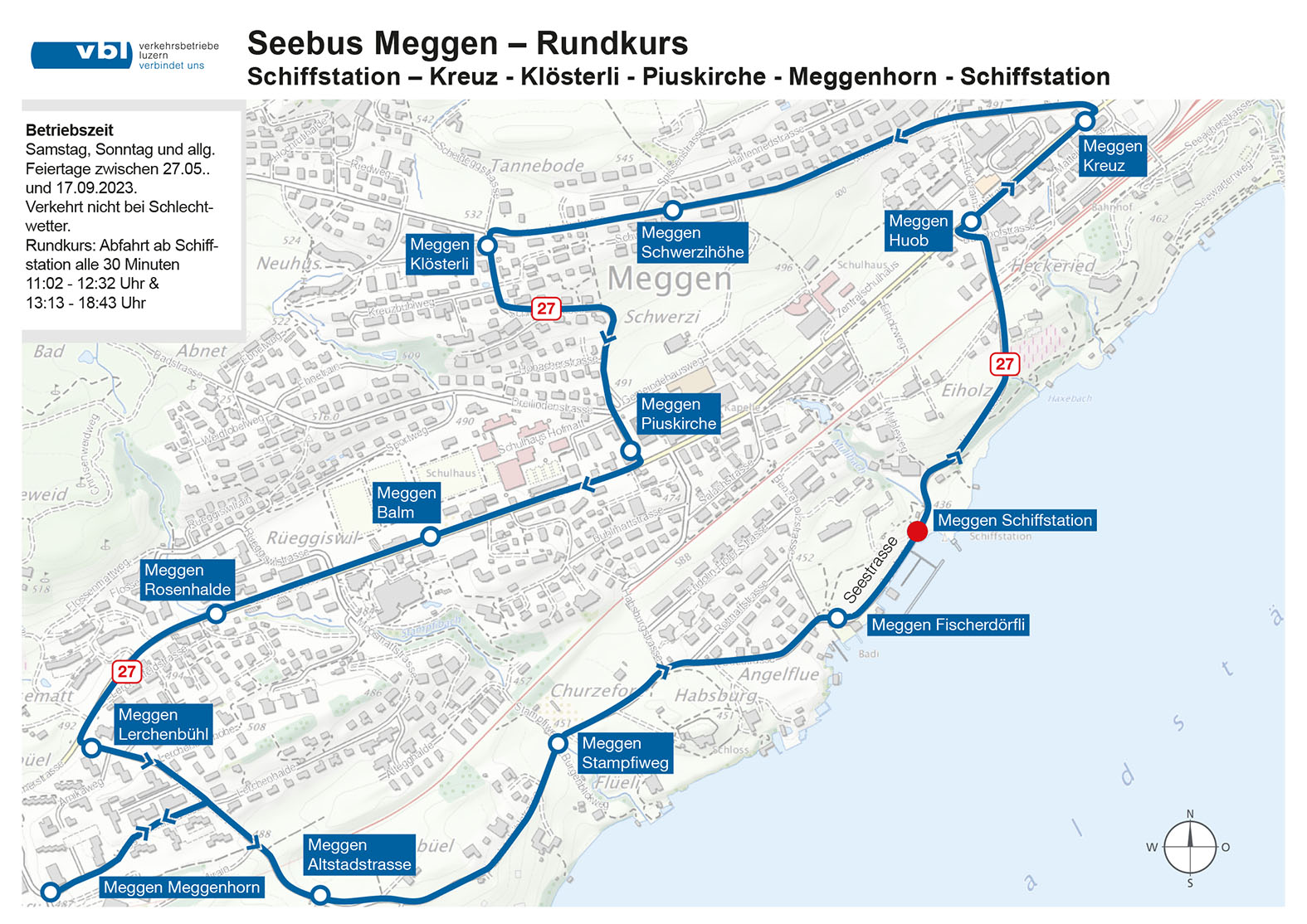 Die Karte zeigt den Rundkurs des Megger Seebusses in der Saison 2023.